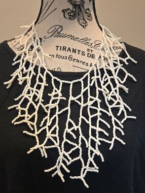 White Beaded Branch Faux Pearl Coral Fringe Statement  Necklace